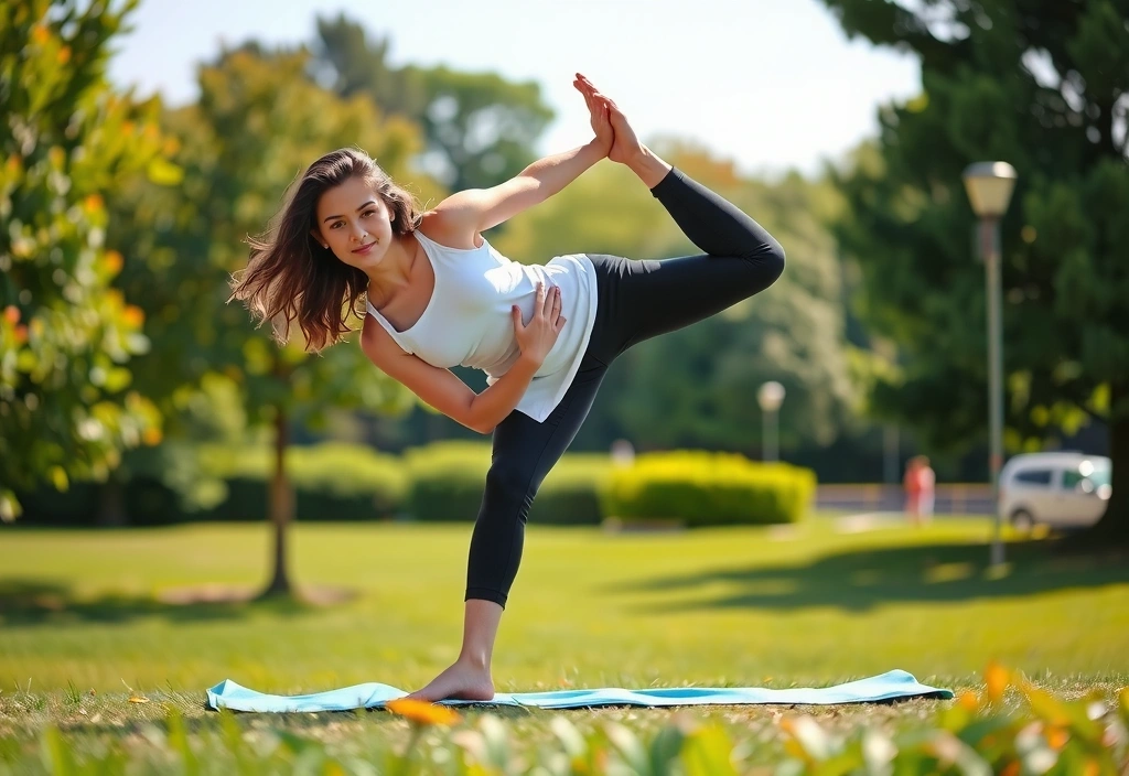 Una persona joven haciendo yoga al aire libre en un parque soleado, estirándose y mostrando flexibilidad, con un fondo verde borroso.