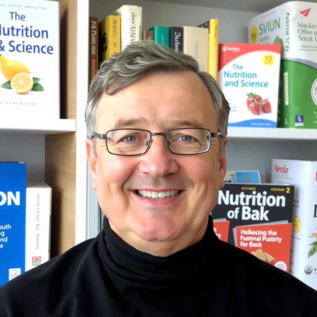 Retrato de un hombre de mediana edad con gafas, sonriendo, con un fondo de estanterías de libros de nutrición y ciencia.